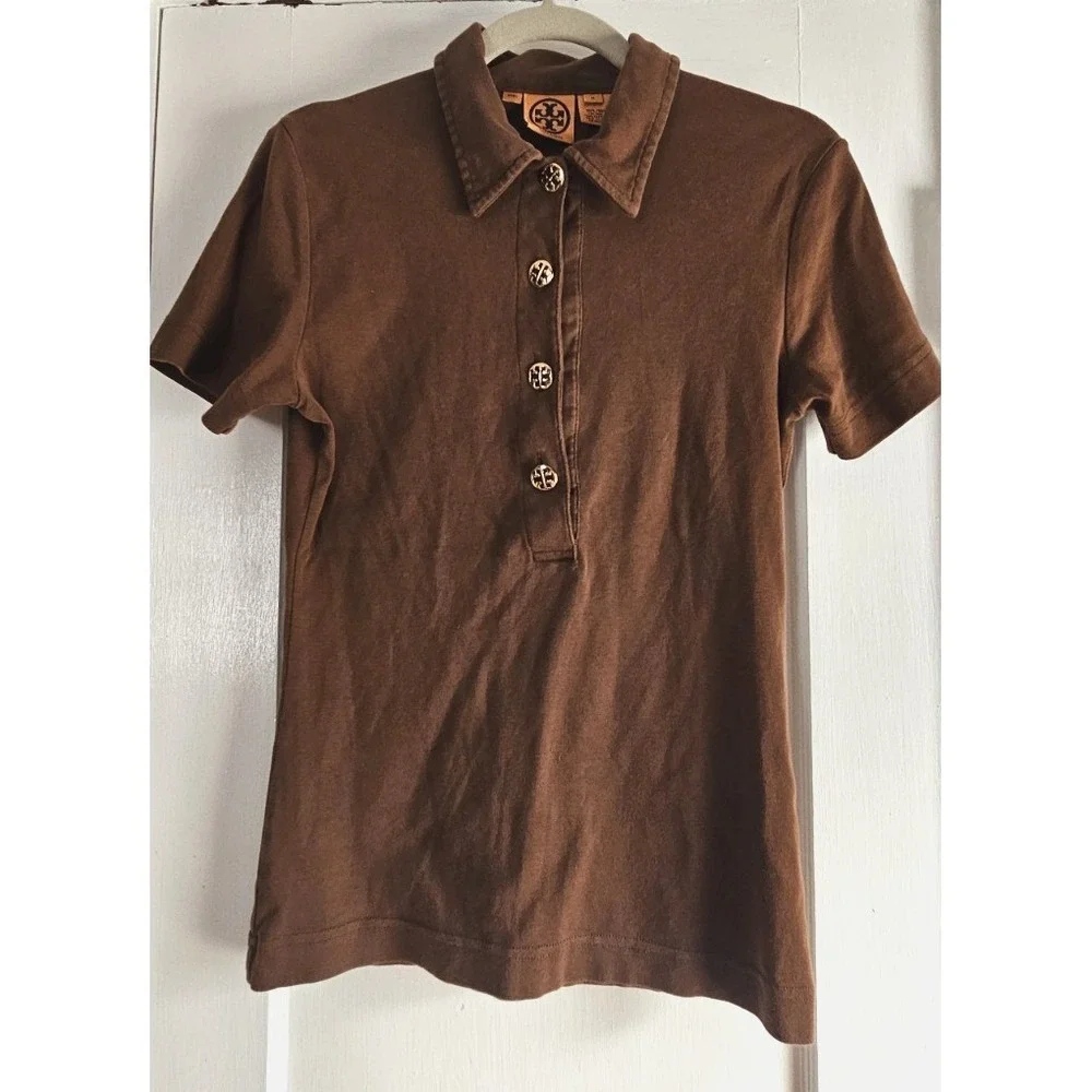 TORY BURCH short sleeve polo shirt gold tone hardware woman M  100% Pima‎ cotton